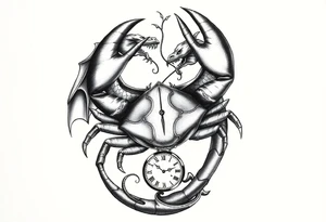 Dark cancer zodiac sign tattoo with dragon and clock on background tattoo idea