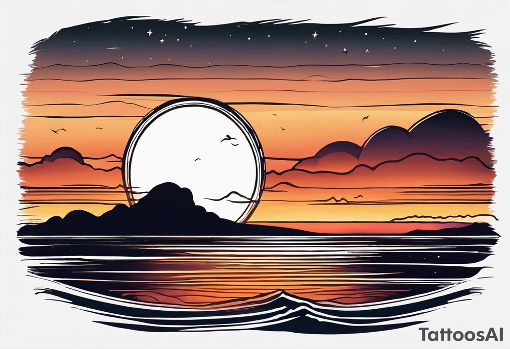 You're adding way too much. hand drawn minimal sunset. Only Ocean and sunset in the image. Very calm waters with barely any waves. tattoo idea