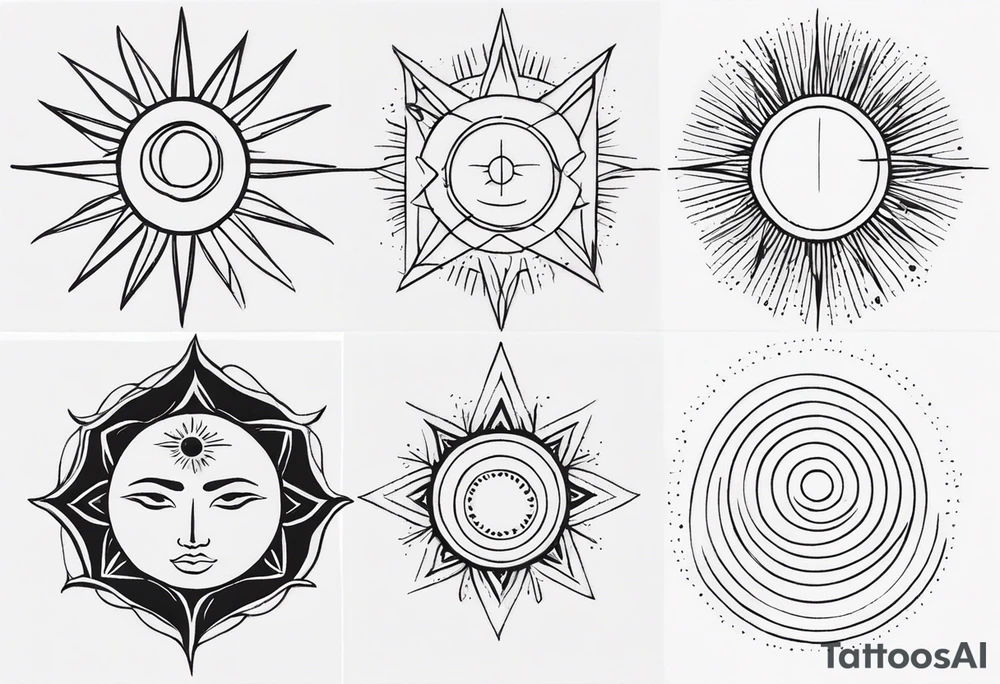 a mixture of minimalist/fine line/tribal tattoo design that is mainly minimalist with fine lines. unique Design of the sun that resembles a connection to the sun. It further resembles the sun's energy. Make it simple to draw and focus on the rays of sunshine

i dont want the entire sun. no flower shape. unique shape. no face tattoo idea