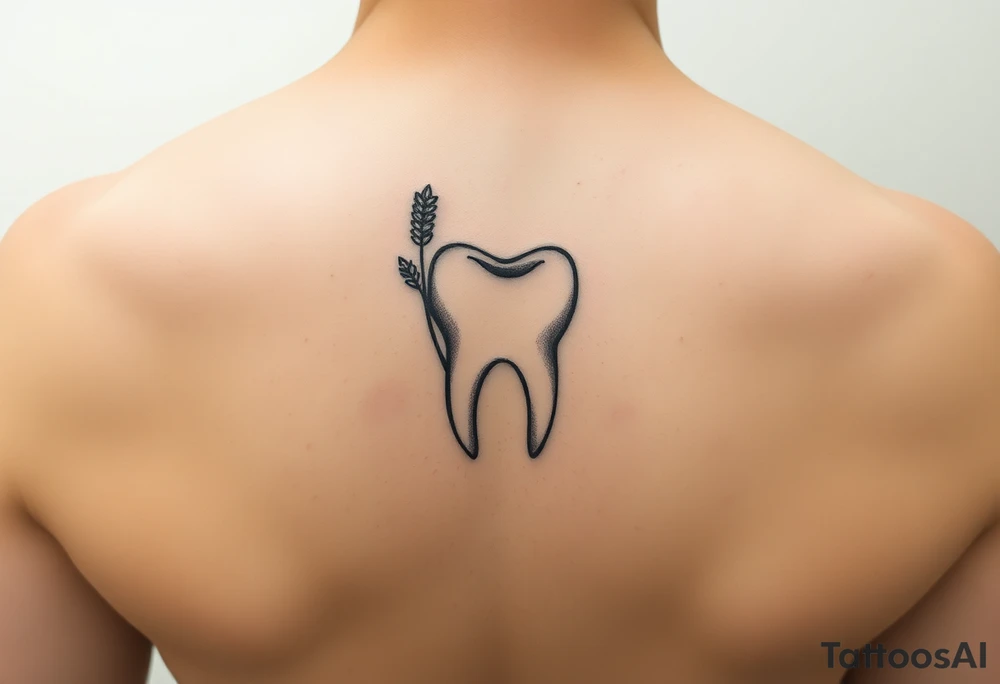 Minimalist single-line molar tooth with a tiny sprig of lavender gently wrapping around one side, soft shading only at the roots, elegant and feminine, ideal for behind-ear placement.” tattoo idea