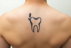 Minimalist single-line molar tooth with a tiny sprig of lavender gently wrapping around one side, soft shading only at the roots, elegant and feminine, ideal for behind-ear placement.” tattoo idea