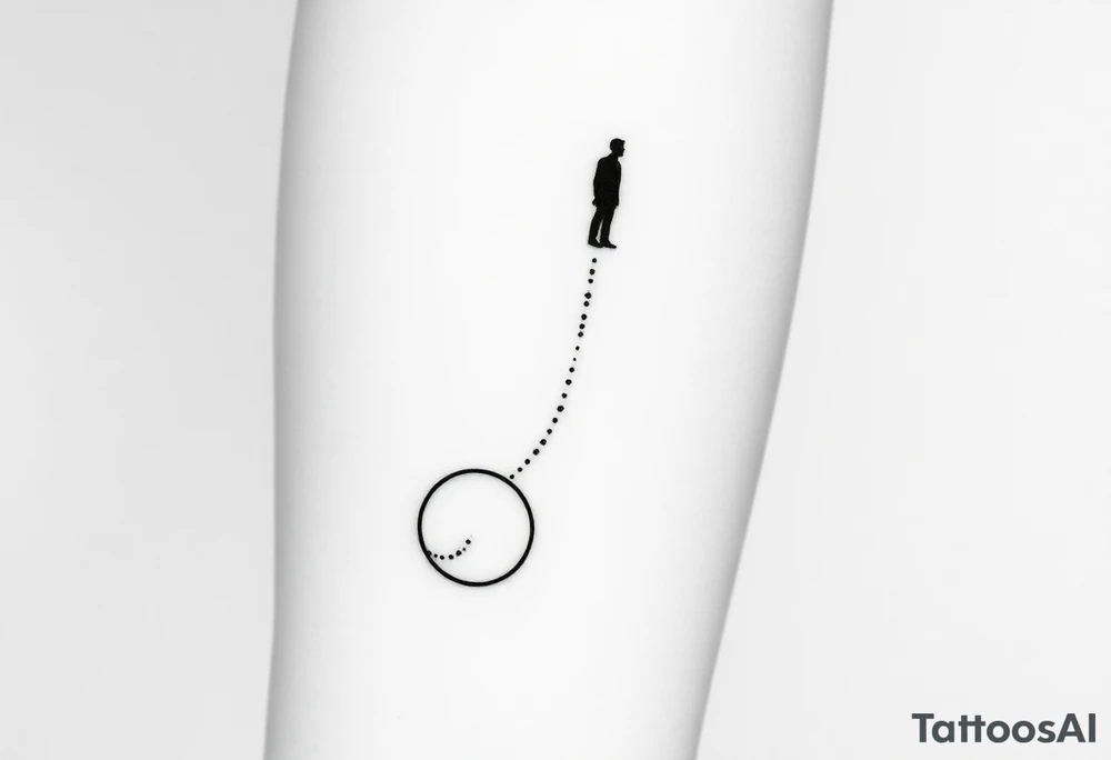 Minimalist forearm tattoo, black ink only, representing legacy and father-son connection. Two interlocking circles along an ascending abstract path, one fading at the bottom (father) and one growing solid at the top (son), symbolizing the torch passed. Fine particles rising along the line show guidance and energy. Subtle abstract figure of father integrated above. Include date VI·IV·MMXXIII and optional phrase “Building what he couldn’t”. Clean, fine-line, vertical layout for forearm, minimal yet deeply emotional. tattoo idea