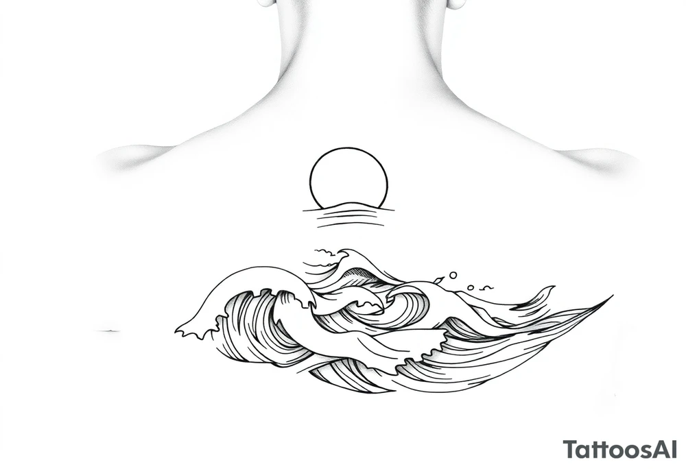 Wrap-around tattoo design, black and white line art. Stylized calm sea with flowing waves wrapping around the arm, horizon line extending seamlessly. Above the horizon, a glowing sun or moon integrated into the circular flow, with subtle Norse runes (Algiz, Raido) hidden in the light. Balanced, elegant, marine and mythological atmosphere. Clean outlines, high contrast, stencil-ready for forearm tattoo. tattoo idea