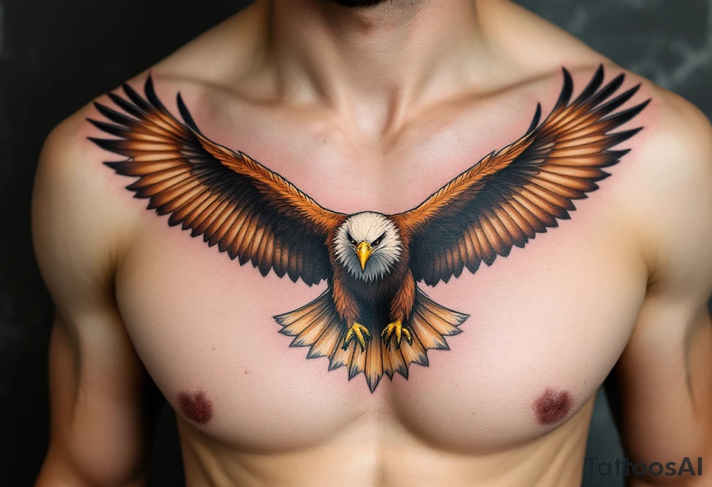 A soaring eagle with outstretched brown wings and golden beak, symbolizing strength and vision. tattoo idea