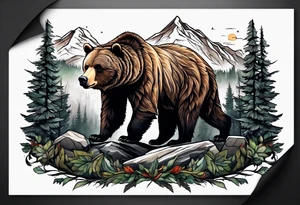 grizzly bear mountain forest tattoo idea