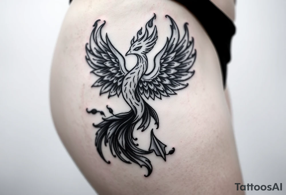 majestic fiery phoenix surrounded by fire. with a crown of fire flapping wings with a flaming tail tattoo idea