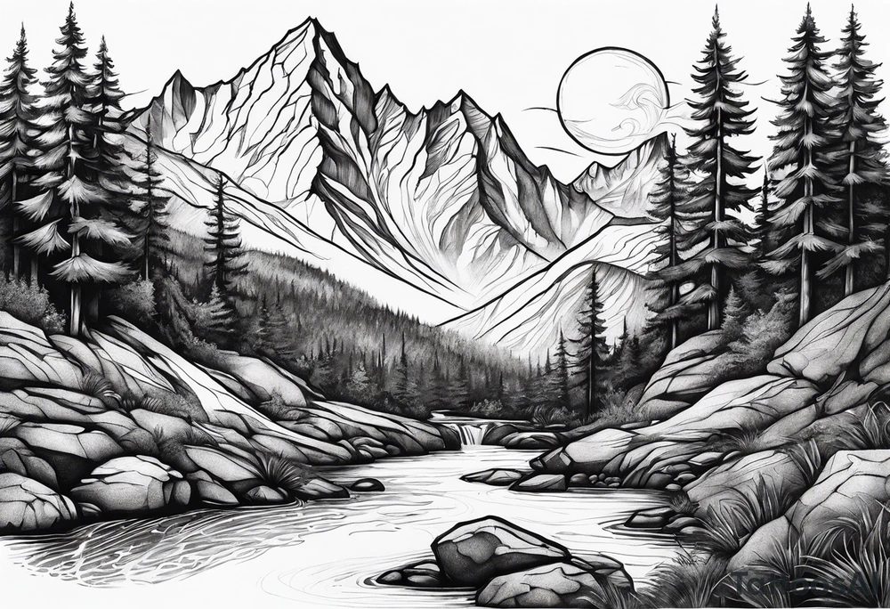 mountains, stream and nature tattoo idea