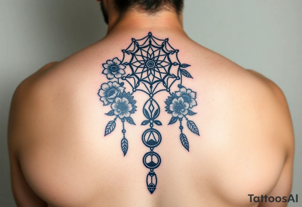 Boho dream catcher with gothic compass and hourglass. Beautiful flowers and an ornamental chandelier like look tattoo idea