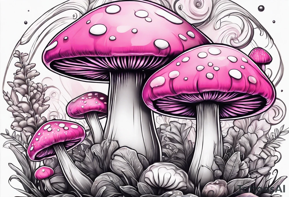 pink and white mushroom with alien fishing tattoo idea