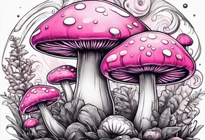 pink and white mushroom with alien fishing tattoo idea