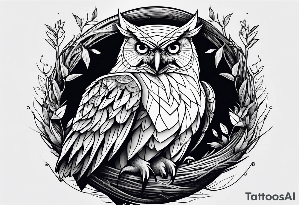 Owl, raven, eagle cuddled in a nest, birdseye view tattoo idea