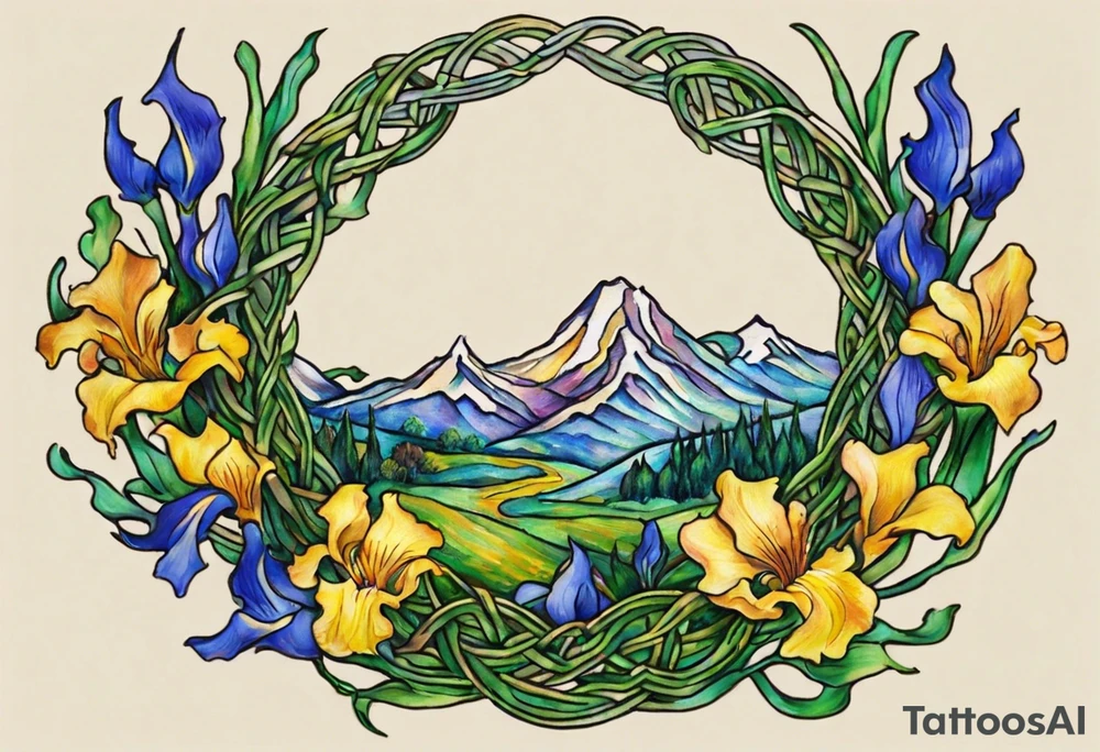 Create a small, colorful Vincent van Gogh Irises tattoo in the form of a crescent, with vines in Celtic knot style gracefully intertwining at a central point in the middle of the wreath. The intended placement is on the upper chest. The middle needs mountains. The overall design should be small in size while maintaining a delicate and artistic aesthetic. Pay attention to the graceful flow of the vines and the placement of the irises to achieve a refined and elegant look. tattoo idea
