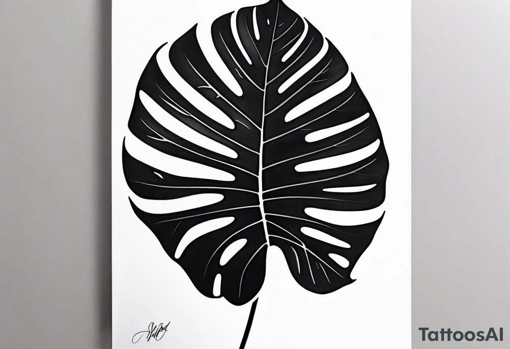 Abstract but realistic monstera leaf tattoo to go on the right leg on the outside of the leg next to the shin with a stem going down behind the ankle. Make it not so dark with lighter shading tattoo idea