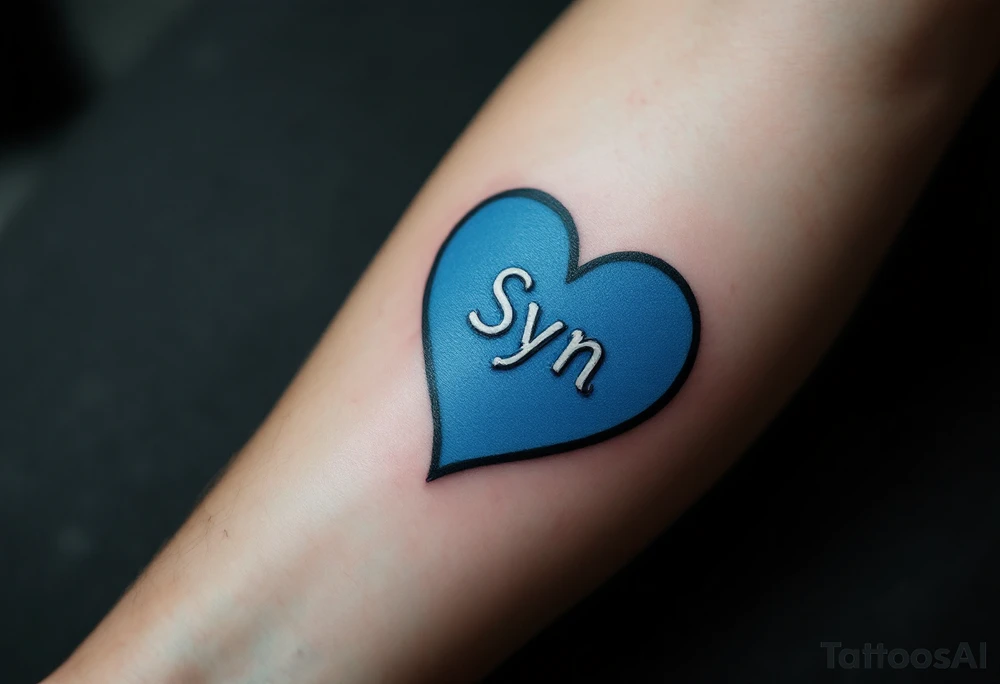 A puzzle piece in bright blue labeled “Syn,” fitted perfectly into a black outline of a heart. tattoo idea