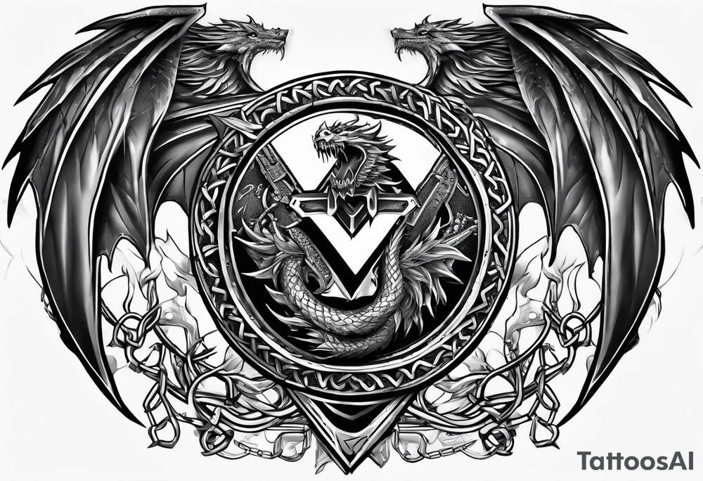 Valhalla sword shield dragon axe Valknut barbed wire chains fire tattoo idea