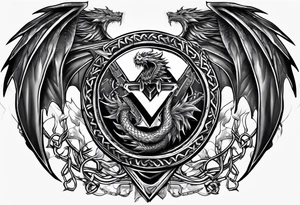 Valhalla sword shield dragon axe Valknut barbed wire chains fire tattoo idea