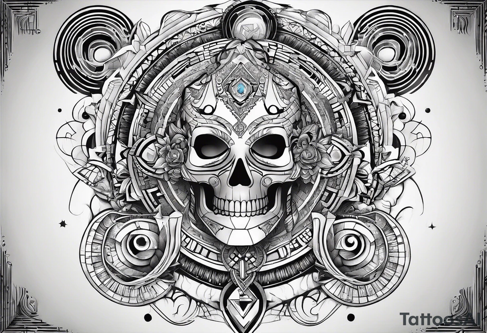 A tattoo design featuring geometric patterns and symbols inspired by psytrance and techno music, creating a unique and futuristic look. tattoo idea