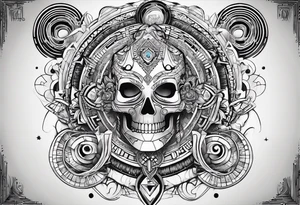A tattoo design featuring geometric patterns and symbols inspired by psytrance and techno music, creating a unique and futuristic look. tattoo idea