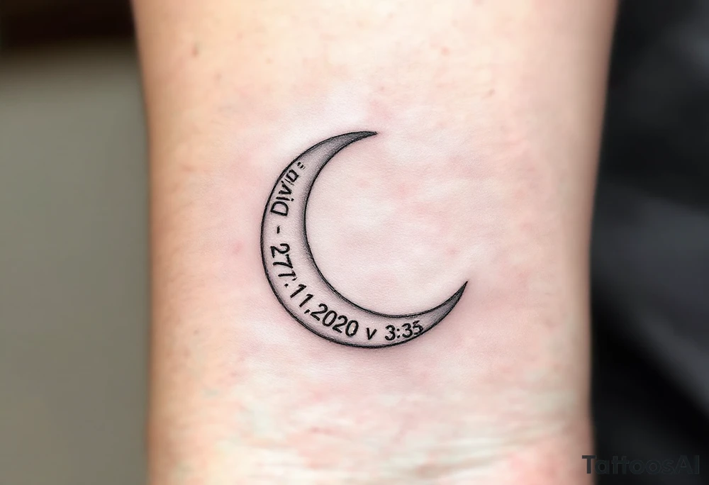 Crescent moon with "David – 27.11.2020 v 3:33" nestled in its curve, done in silver-gray and black. tattoo idea