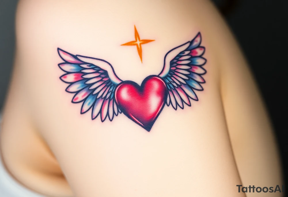 dainty catholic sacred heart with angel wings tattoo idea