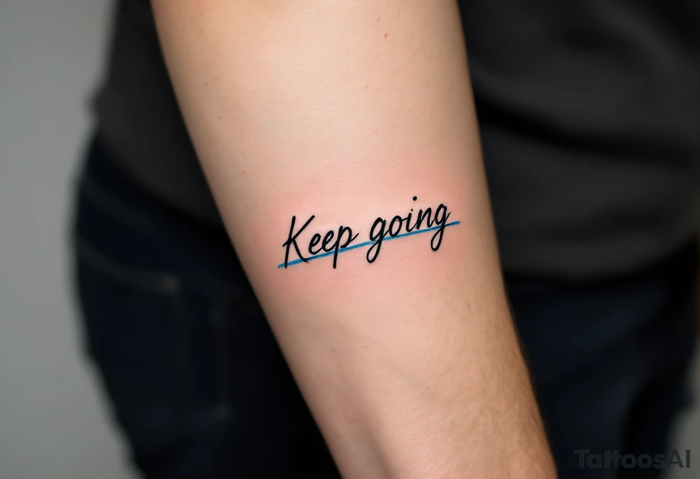“Keep going” in sleek gray cursive, underlined with a cool blue wave. tattoo idea