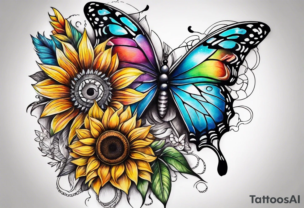 Quarter Leg sleeve with dreamcatcher, rainbow sunflowers and one butterfly tattoo idea