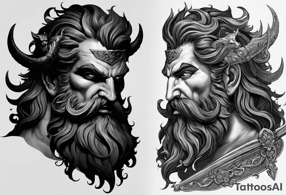 The tattoo features a highly realistic depiction of Hadès, the Greek god of the underworld, holding Cerberus, the three-headed guardian of the underworld, on a chain. Hadès is portrayed with a commanding and imposing presence. His face, marked by stern and intense eyes, exudes authority and control. His dark, flowing hair and beard are rendered with intricate details, adding texture and depth. He is draped in a richly detailed cloak that falls in realistic folds, enhancing his divine and somber demeanor. Cerberus, depicted in a dynamic and fierce pose, is shown with his three heads snarling and baring their fangs. Each head is intricately detailed with lifelike fur, sharp eyes, and menacing expressions. The three heads are chained, with the chains artistically wrapped around Hadès' hand, symbolizing his dominance over the beast. The chains themselves are depicted with realistic textures and shadows, emphasizing their weight and strength. The background remains minimalistic to keep the focus on Hadès and Cerberus. The tattoo uses detailed shading and highlights to bring out the textures of Hadès' cloak, Cerberus' fur, and the chains, capturing the dark and powerful essence of the Greek god and his fearsome guardian. tattoo idea