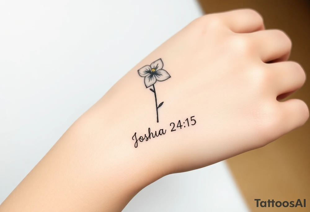 Narcissus flower at the top, drawn in single-needle fine line

“Joshua 24:15” sits underneath in tiny, clean lettering

Vertical flow = elegant, feminine, and perfectly suited to the inner wrist

Overall height: ~5–7 cm (subtle, timeless, not heavy) tattoo idea