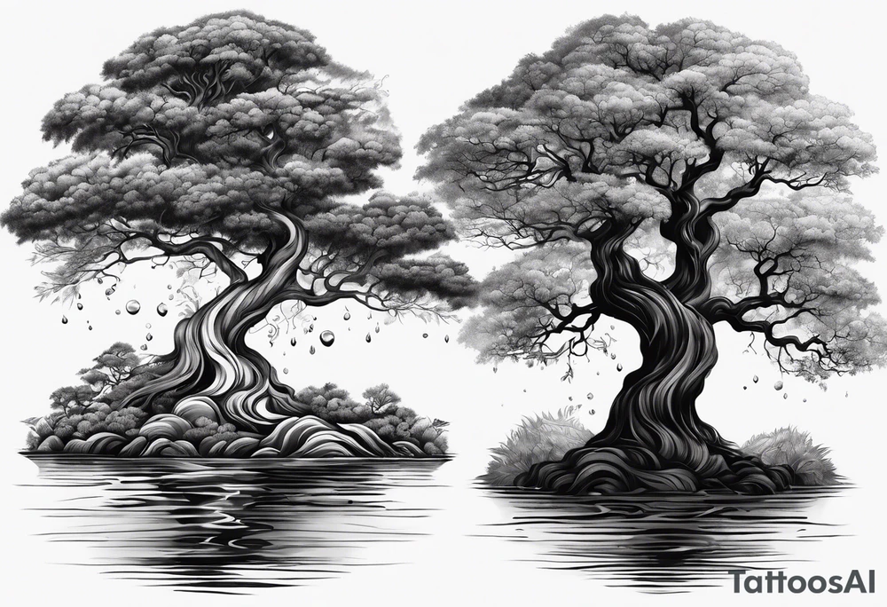 Black and white full sleeve tree going up with roots turning into water going down to wrist tattoo idea