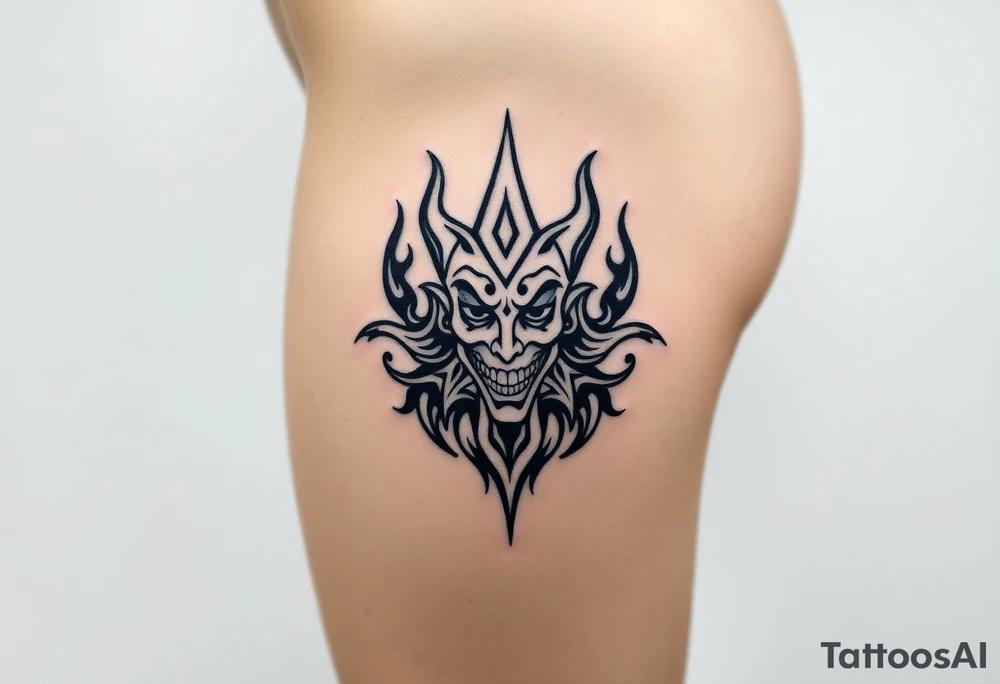 Powerful new age joker surrounded by flames tattoo idea