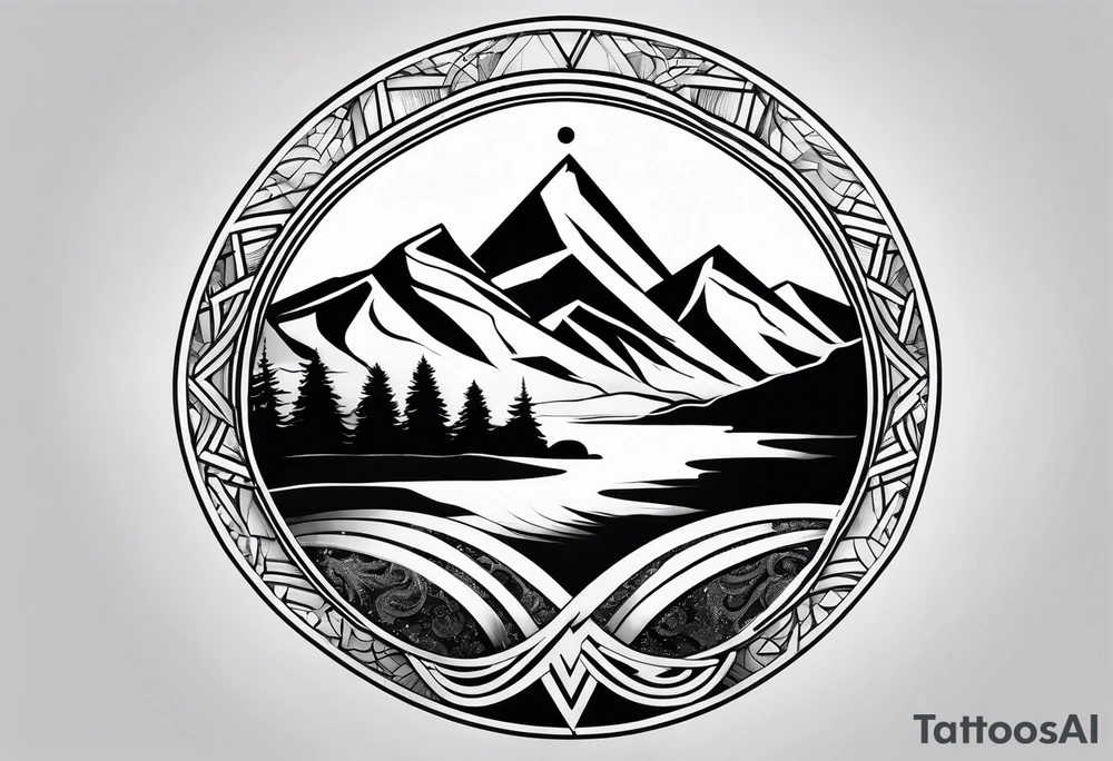 A geometric half sleeve with a mountain peak and a Triskelion tattoo idea