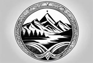 A geometric half sleeve with a mountain peak and a Triskelion tattoo idea