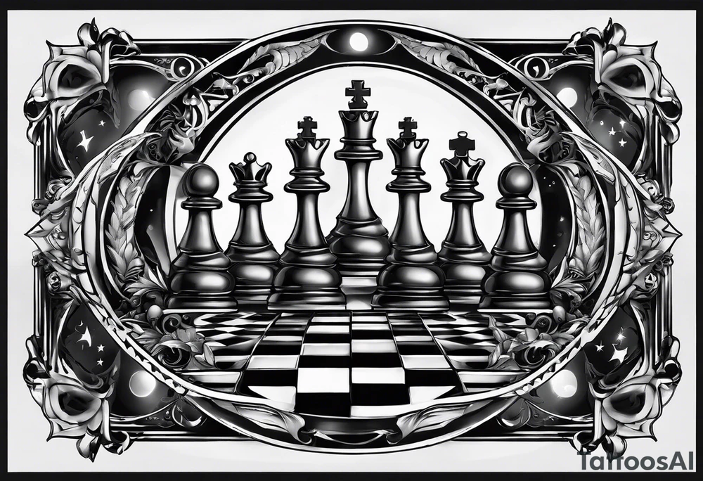 Illustrate an intricately balanced scale where one side represents the angelic forces, and the other represents the demonic forces. The chess pieces can sit on each side, symbolizing the equilibrium between good and evil. tattoo idea