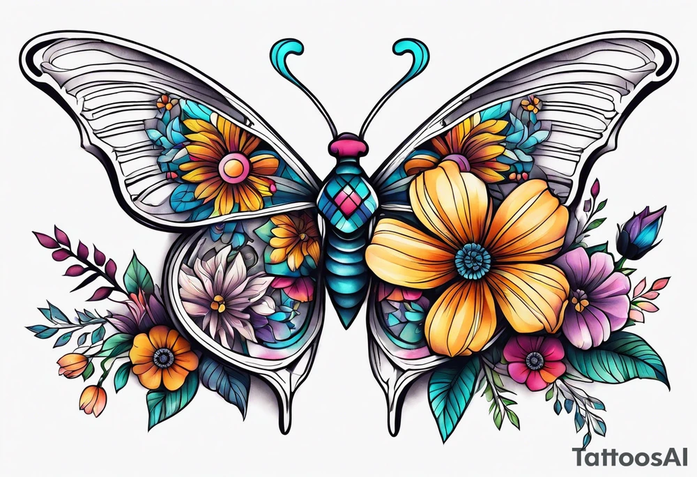 rib cage with flowers surrounding it and butterflies tattoo idea