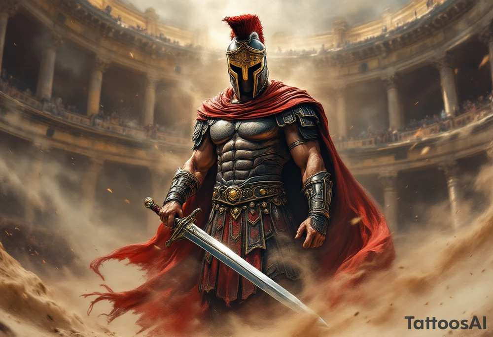 Powerful gladiator roman soldier standing full body provocative surrounded in interior colosseum combat sword helmet cape sand wind tattoo idea