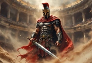 Powerful gladiator roman soldier standing full body provocative surrounded in interior colosseum combat sword helmet cape sand wind tattoo idea