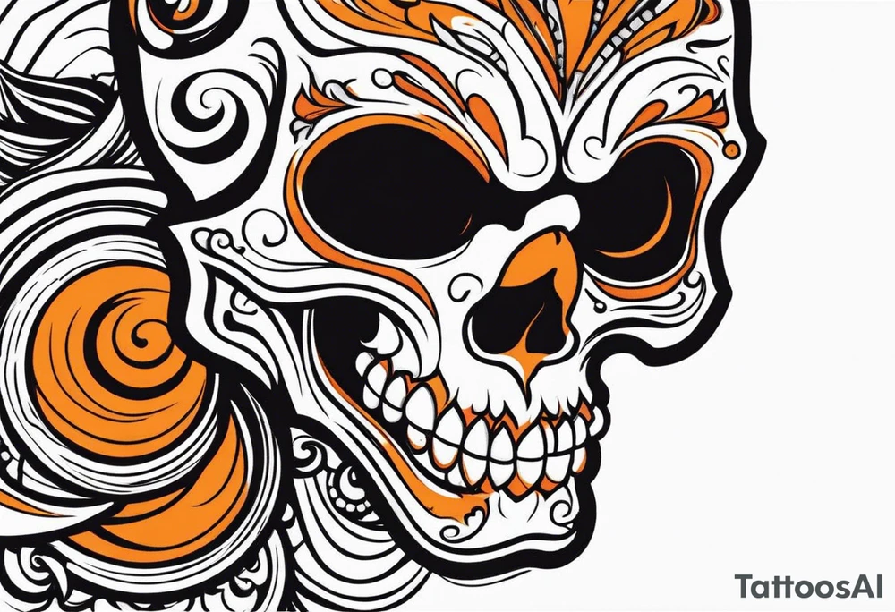 skull laughing black and orange tattoo idea