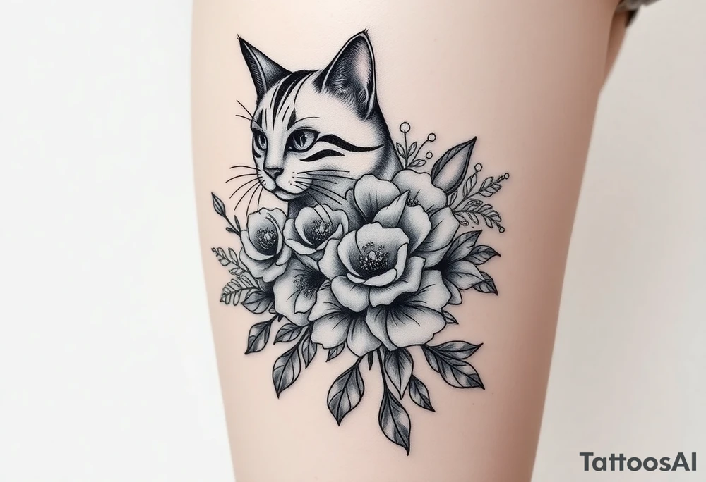 Egyptian cat vintage bouquet of roses and meadow flowers with morning dew tattoo idea