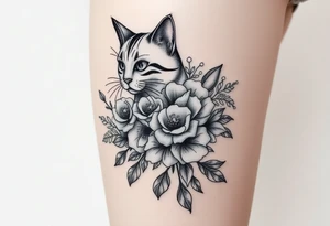 Egyptian cat vintage bouquet of roses and meadow flowers with morning dew tattoo idea