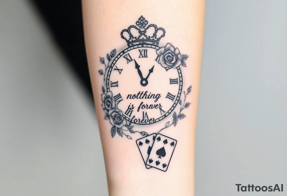 Roman clock with roses and a crown, a quote that says nothings forever. and on the bottom a deck of cards tattoo idea
