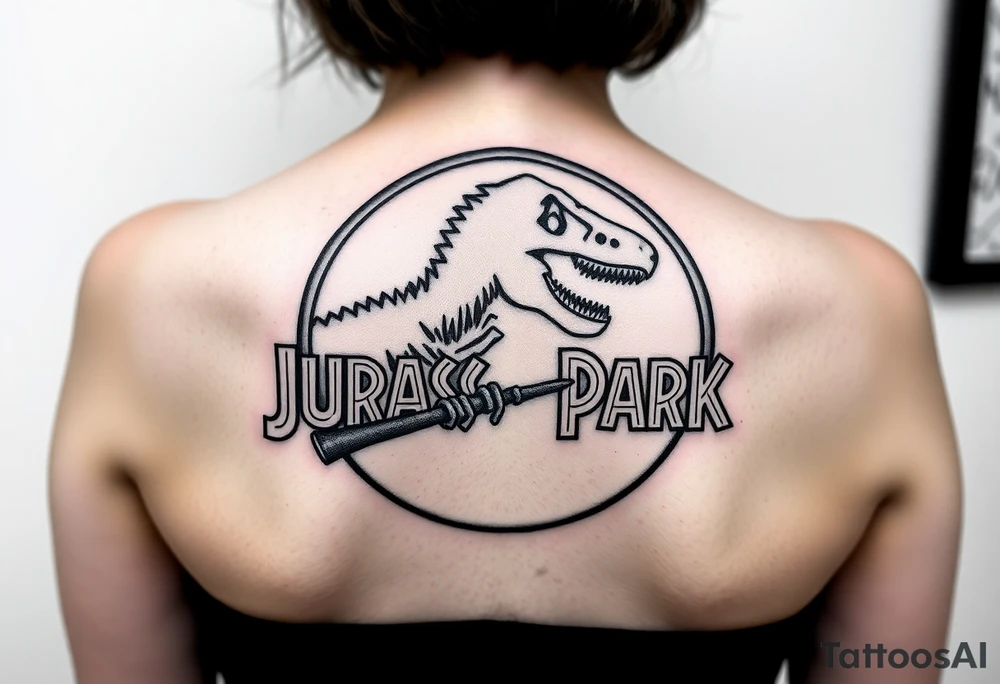 Jurassic Park logo with the dinosaur holding a stick tattoo idea