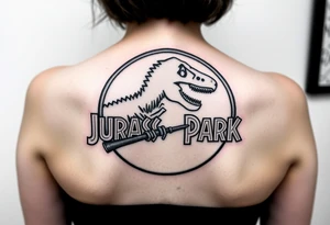 Jurassic Park logo with the dinosaur holding a stick tattoo idea
