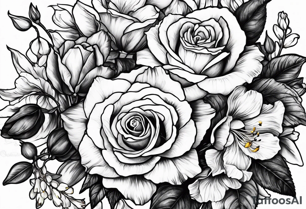 rose, violet, lilly of the valley, gladiolus, and narcissus tattoo idea