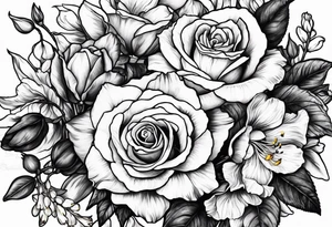 rose, violet, lilly of the valley, gladiolus, and narcissus tattoo idea