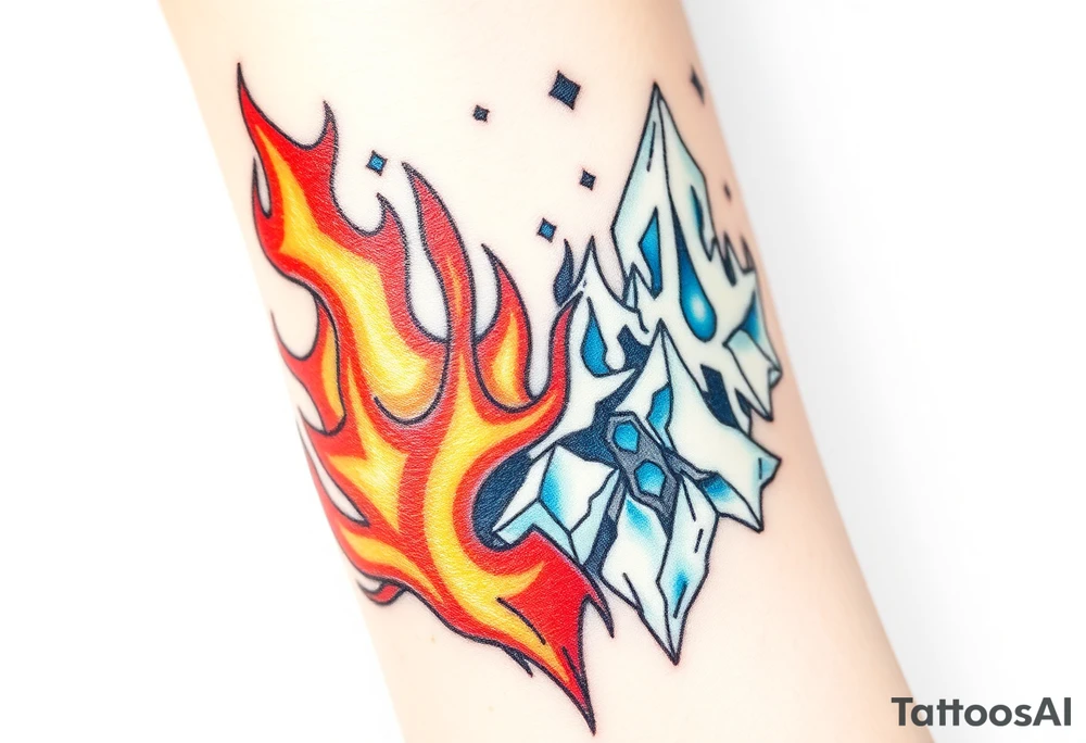 A flame engulfing one side, with rich reds, oranges, and yellows, burning fiercely, while the other side is overtaken by ice, in shades of blue, white, and silver, with frost creeping up and freezing the flames, symbolizing the eternal clash between warmth and cold. tattoo idea