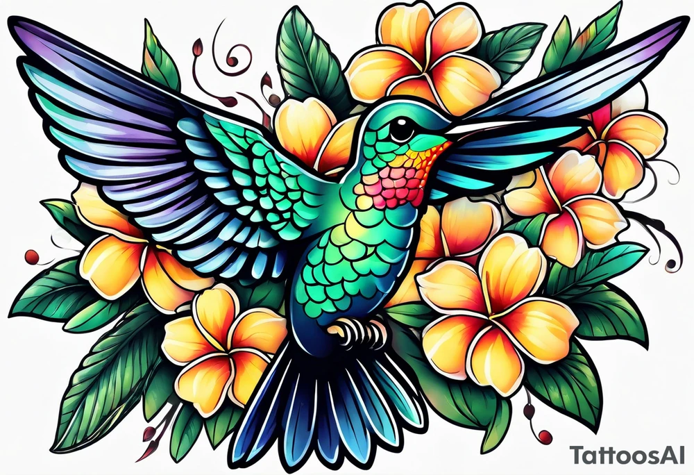 Hummingbird with a plumeria masculine style colorful tattoo idea