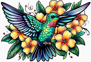 Hummingbird with a plumeria masculine style colorful tattoo idea