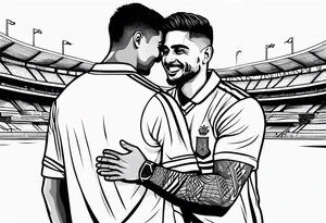 Ronaldo and babar Azam hugging with cricket and football ground on the backside tattoo idea