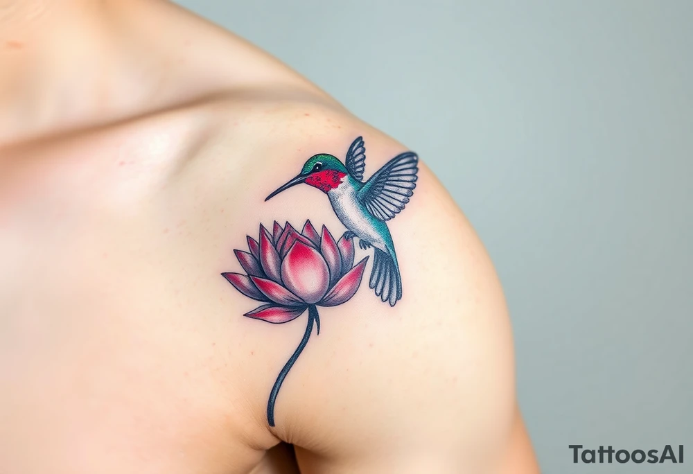 A Hummingbird Drinking from a Lotus Flower (only red , blue and black are possible colors) tattoo idea