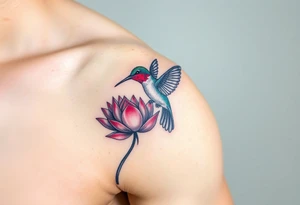 A Hummingbird Drinking from a Lotus Flower (only red , blue and black are possible colors) tattoo idea